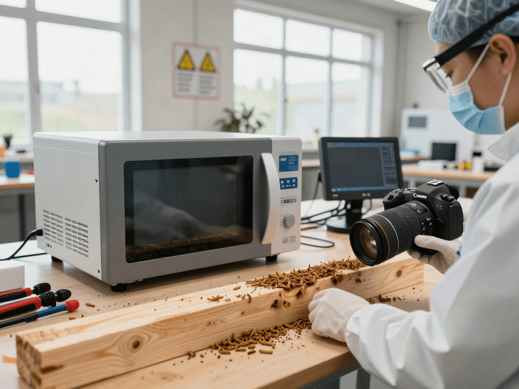 Traitement de bois avec Shashel®, technicien démontrant la technologie sans produits chimiques.