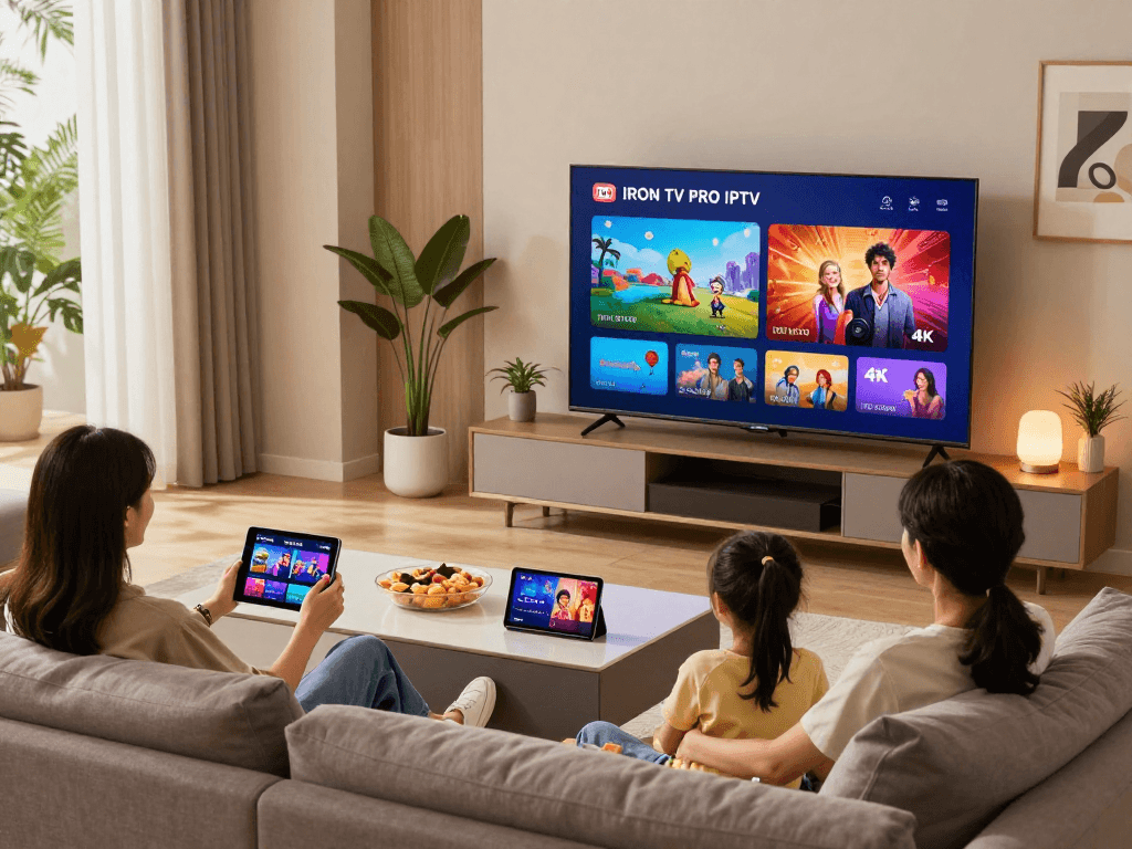 Iron tv en streaming dans un salon moderne avec une famille appréciant des contenus 4K.