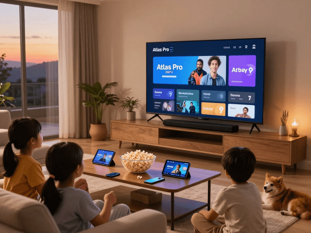 Une famille utilisant Atlas Pro dans un salon moderne, avec une télévision affichant l'application et une ambiance chaleureuse.