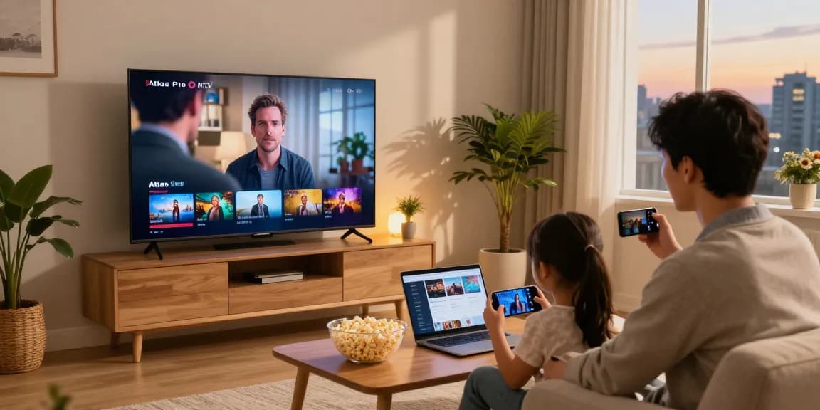 Profitez du service Atlas pro ontv dans un salon familial moderne, avec un écran Smart TV diffusant un film.