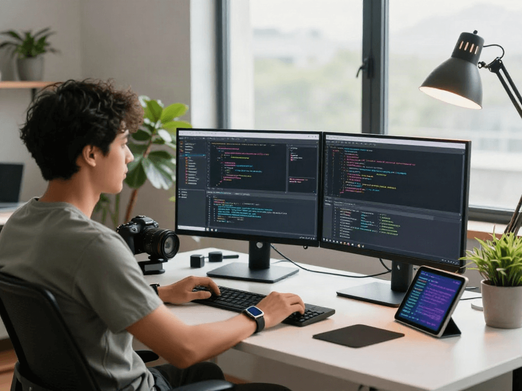 Développeur utilisant Atlas pro ontv sur plusieurs écrans dans un bureau moderne.