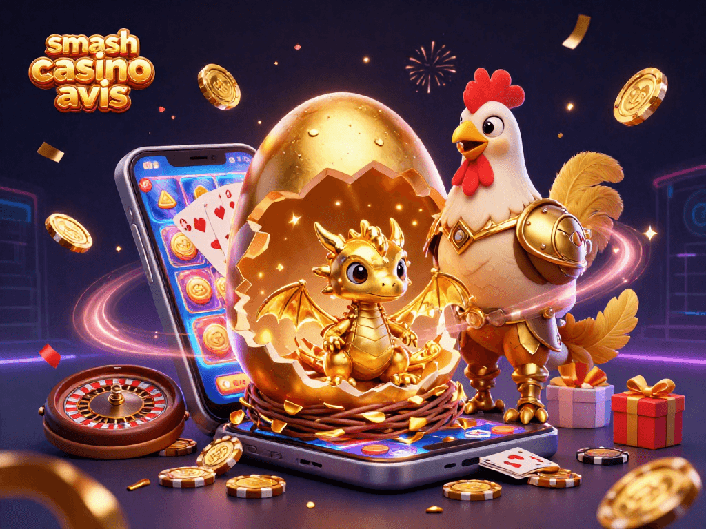 Analysez smash casino avis avec un dragon doré et des jetons, éveillez votre esprit de jeu.