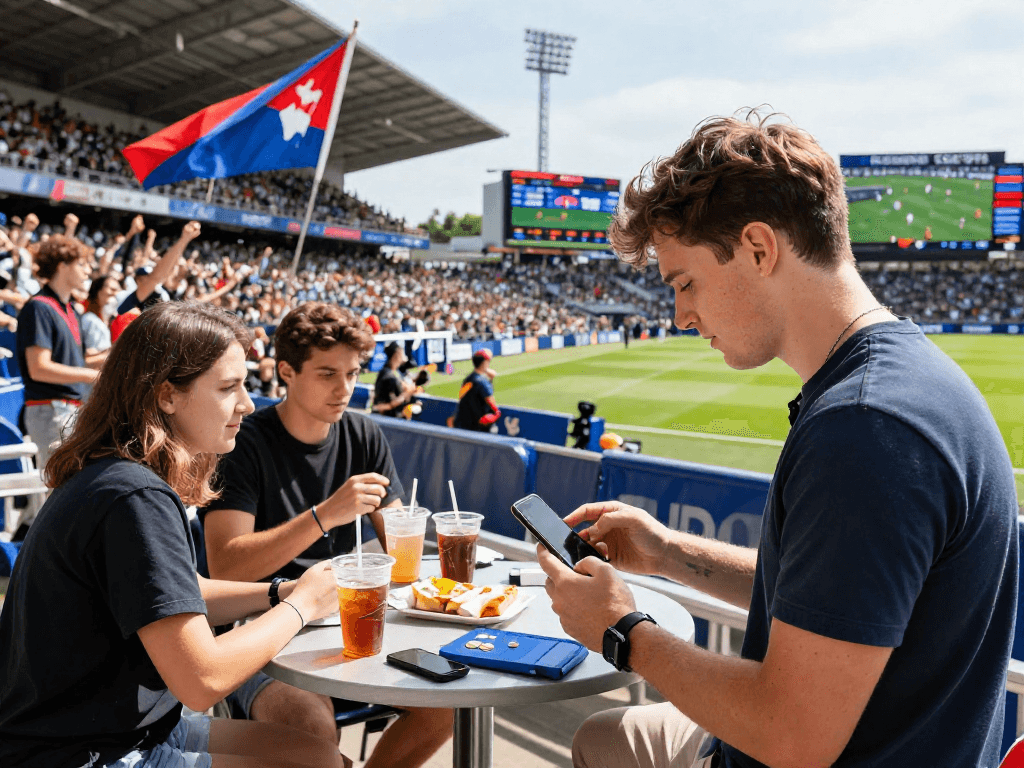Paris sportif crypto : jeunes parieurs utilisant leur smartphone lors d'un événement sportif animé.