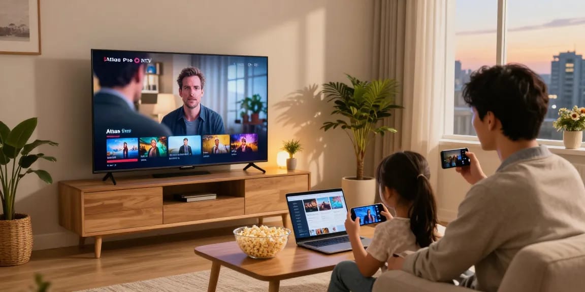 Profitez du service Atlas pro ontv dans un salon familial moderne, avec un écran Smart TV diffusant un film.
