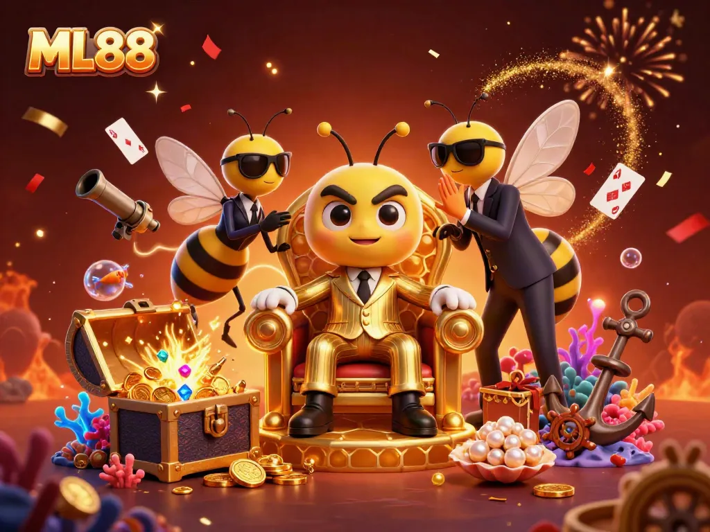 ML88 features a cartoon bumblebee mob boss in a lively casino scene, showcasing vibrant gameplay moments.