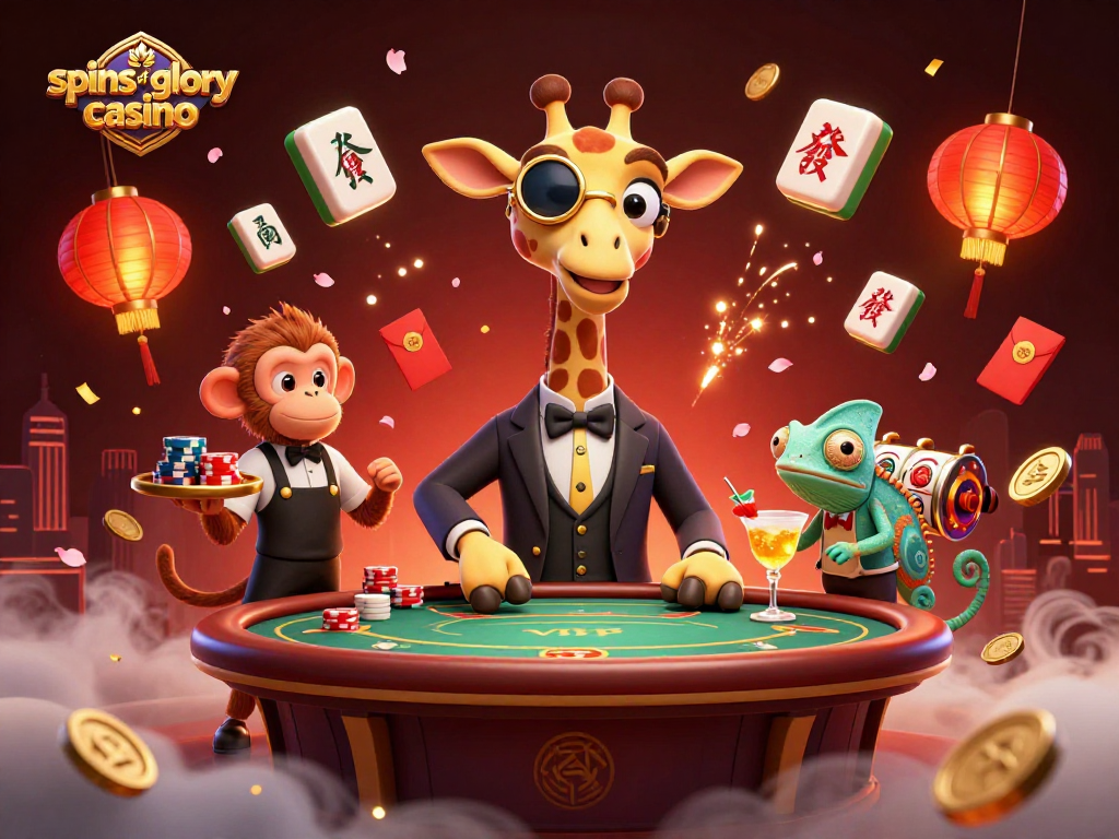 Celebrate jackpots at spins of glory casino with this vibrant 3D illustration of a high-roller giraffe and friends.
