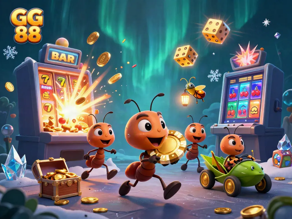 Experience thrilling gameplay at GG 88 with a team of cartoon ants heisting a giant poker chip, symbolizing big wins.
