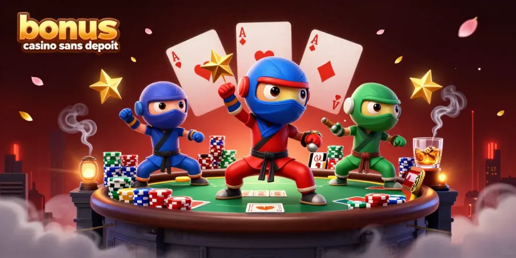 Découvrez les bonus casino sans dépôt avec une équipe de caméléons ninjas au sommet d'un casino.