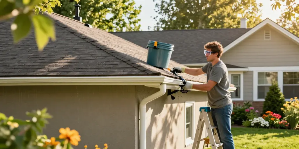 Spokane gutter cleaning in action, homeowner clearing gutters on a sunny day.
