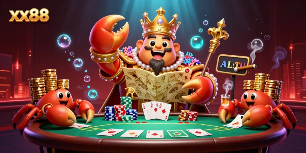 Experience adventure at xx88 with a golden crab emperor amidst dynamic poker gambling action.