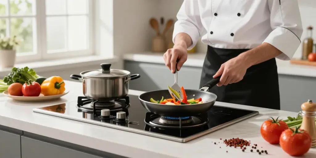 Vue d'une plaque vitrocéramique moderne avec un chef en train de cuisiner des légumes, cuisine élégante et lumineuse.
