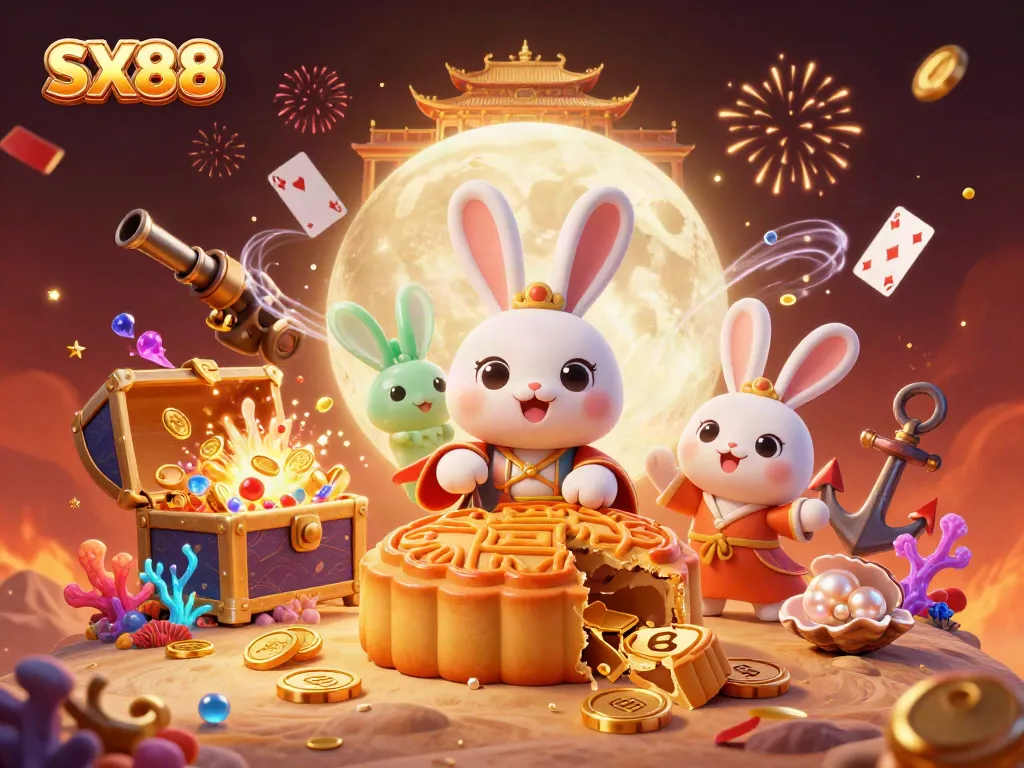 Experience the thrilling adventures at SX88 with a captivating 3D scene full of festive elements and casino themes.