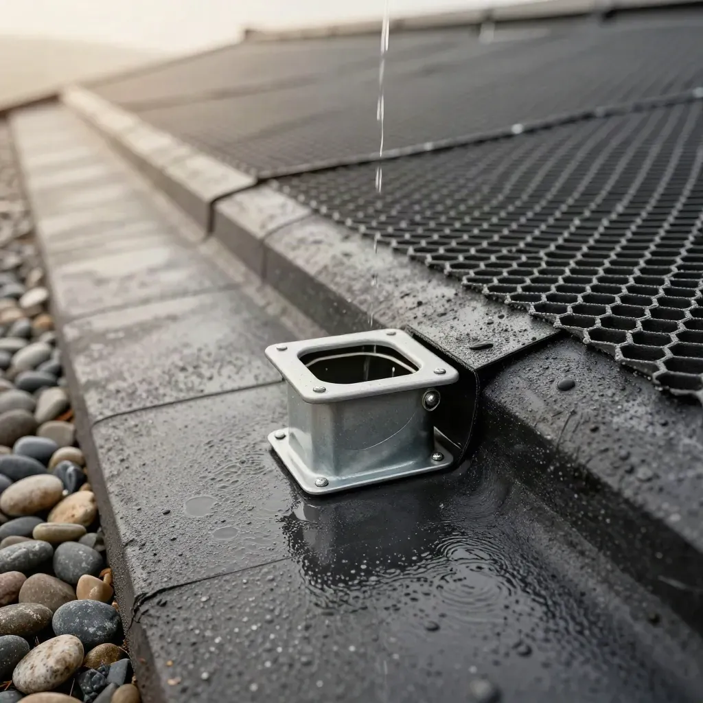 Couche de drainage sur toit plat, eau ruisselant vers une sortie propre après la pluie.
