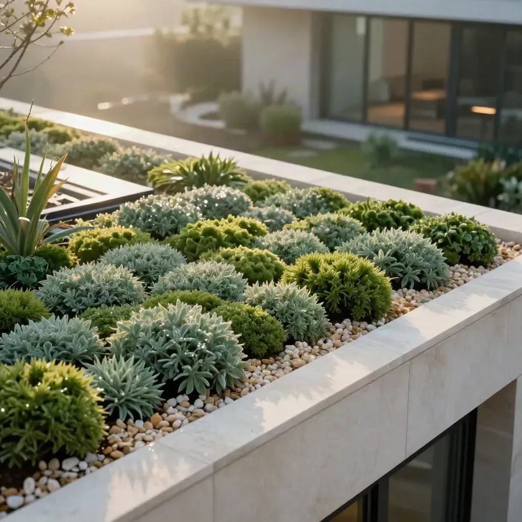 Toiture verte extensive sur maison contemporaine, sedum, gravier et lanterneau.