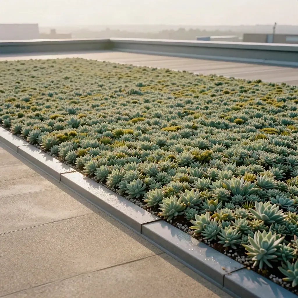 Tapis de sedum fraîchement posés sur un toit-terrasse avec bordure de gravier.