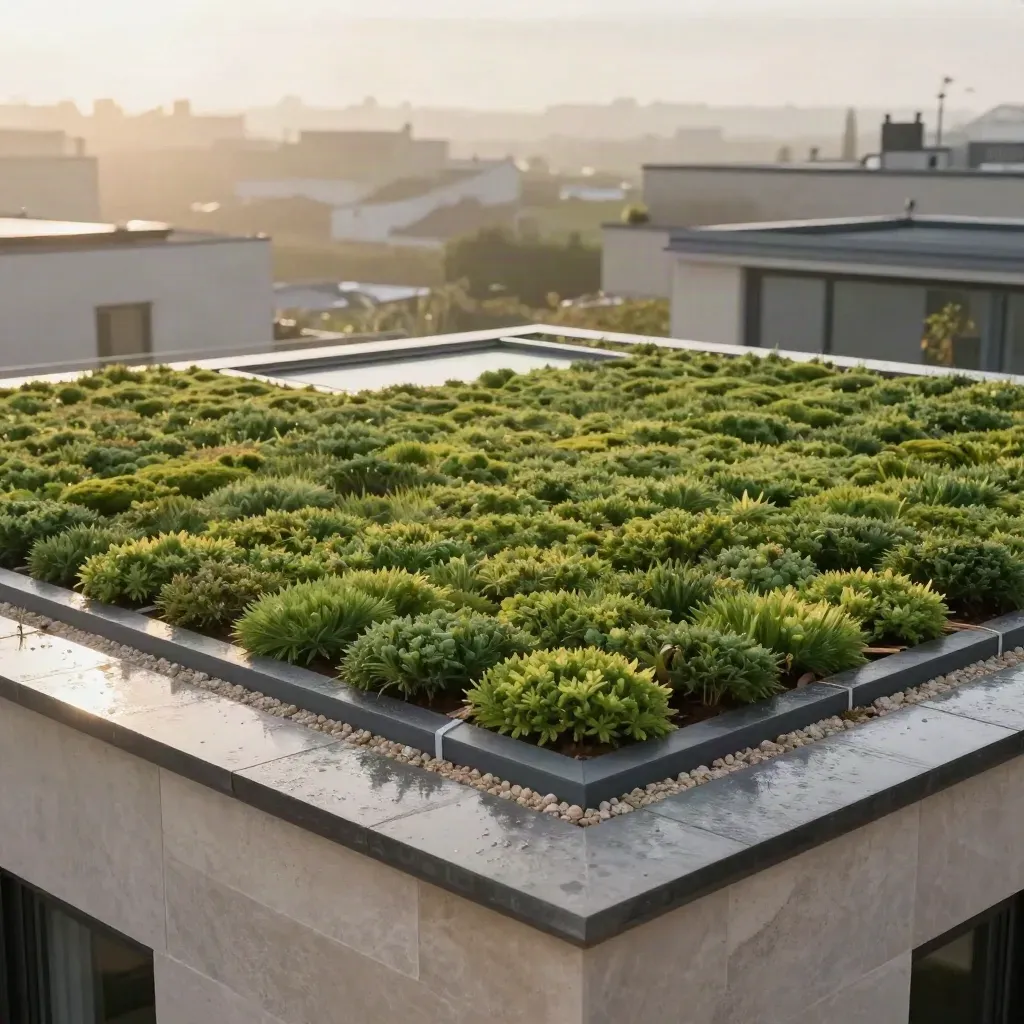 Toiture végétalisée neuve à Rennes, sedum mouillé, marges de gravier et puits de lumière.
