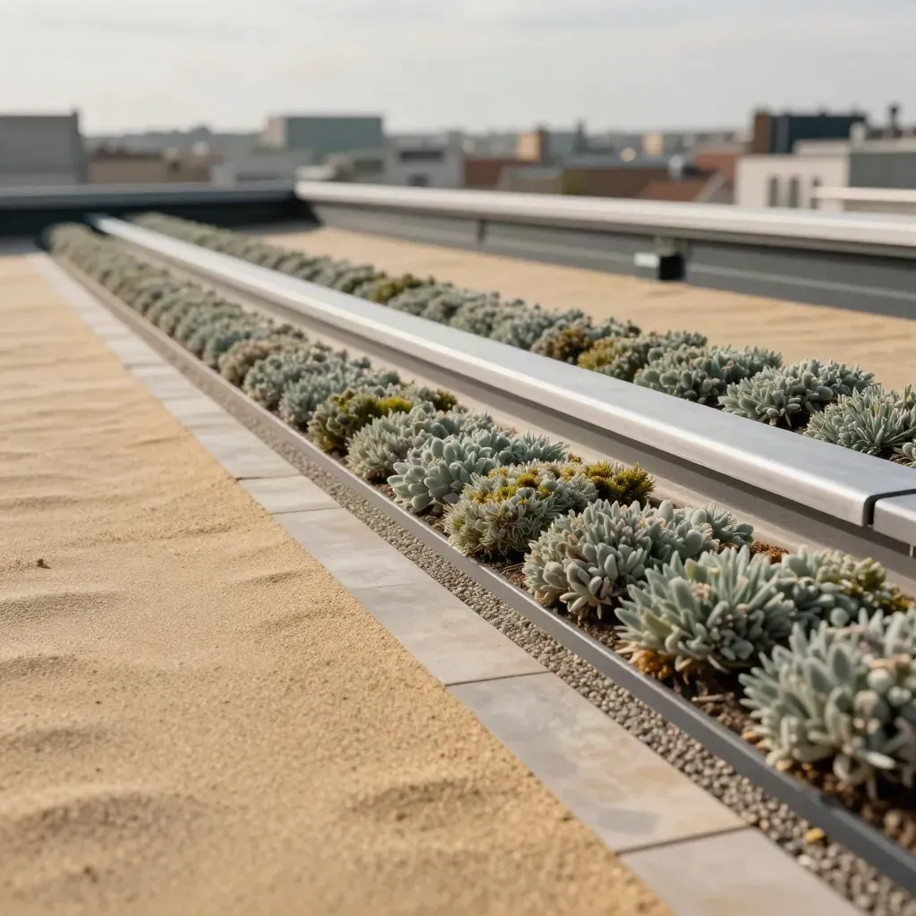 Toit d’immeuble à Nantes avec sedum, membrane et lanterneau, lumière douce et cinématographique.