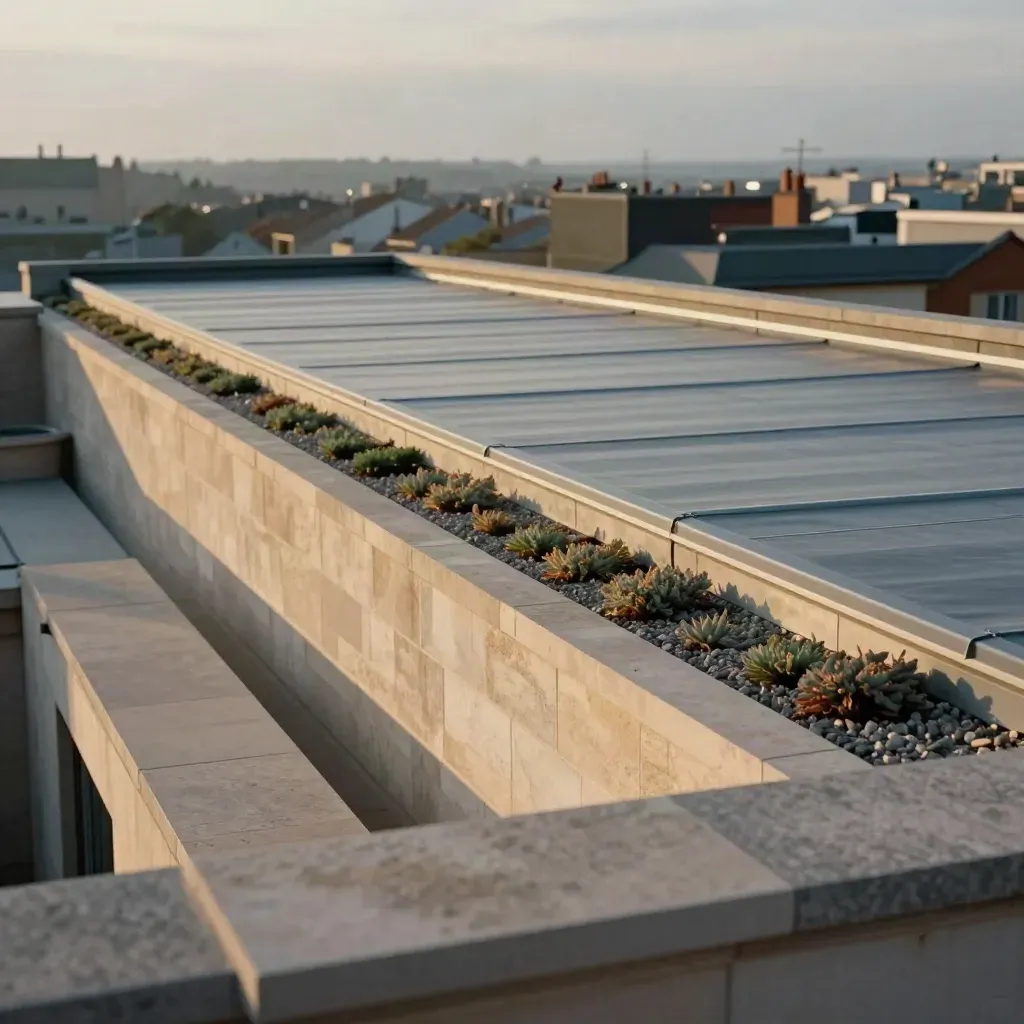 Toit plat végétalisé à Lille, bord net, parapet propre et lumière du soir.