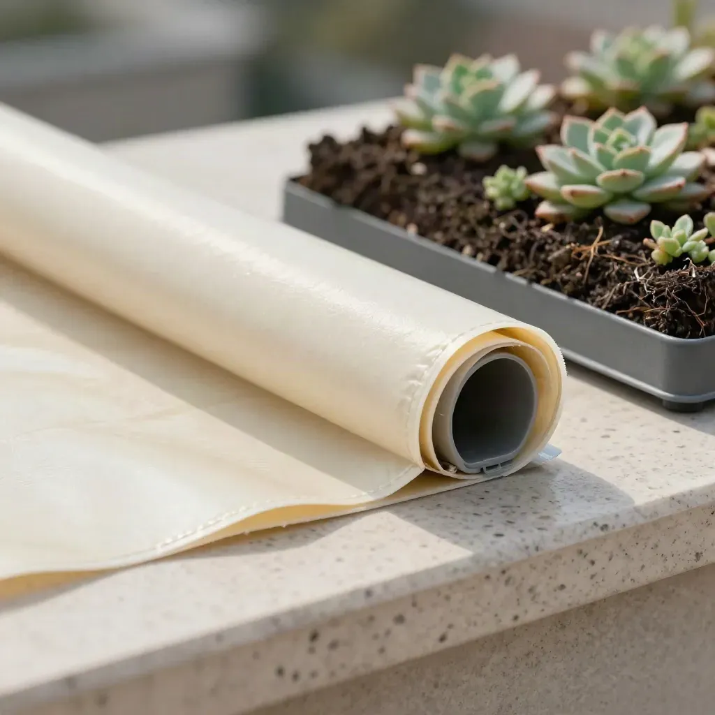 Échantillons de toiture végétalisée sur travertin, détail de membrane et sedum.