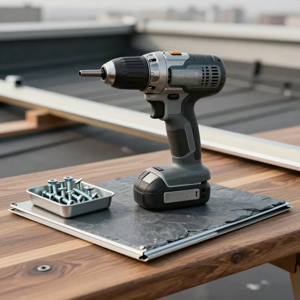 Impact driver, fixations inox, plateau magnétique et solin plié sur un établi de toiture.