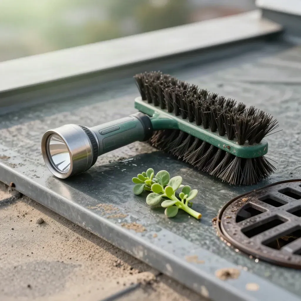 Kit d’entretien de toiture végétalisée avec lampe, brosse, grille et sedum sur membrane.