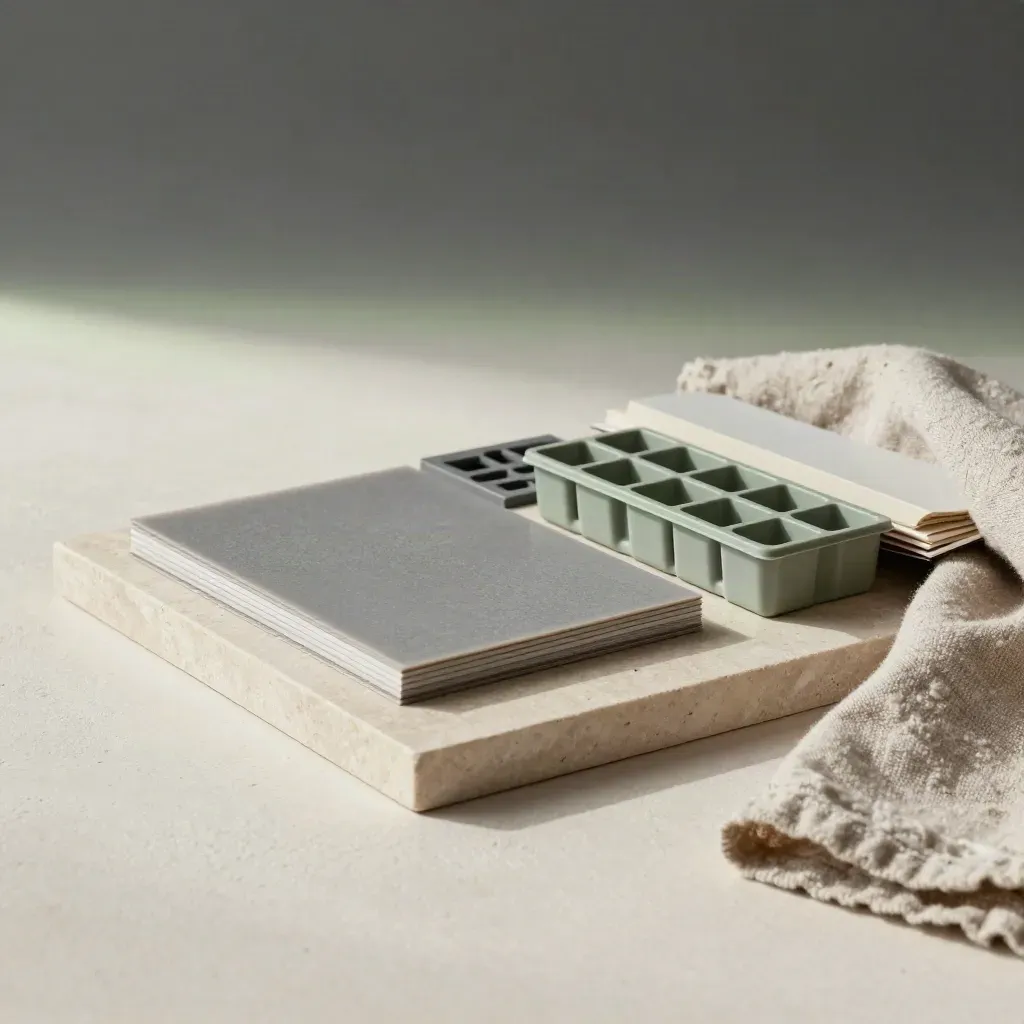 Échantillons de membrane, drainage, sedum et isolant sur plateau de pierre.
