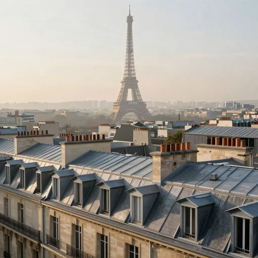 La tour Eiffel au-dessus des toits de zinc parisiens, dans une brume douce du matin.