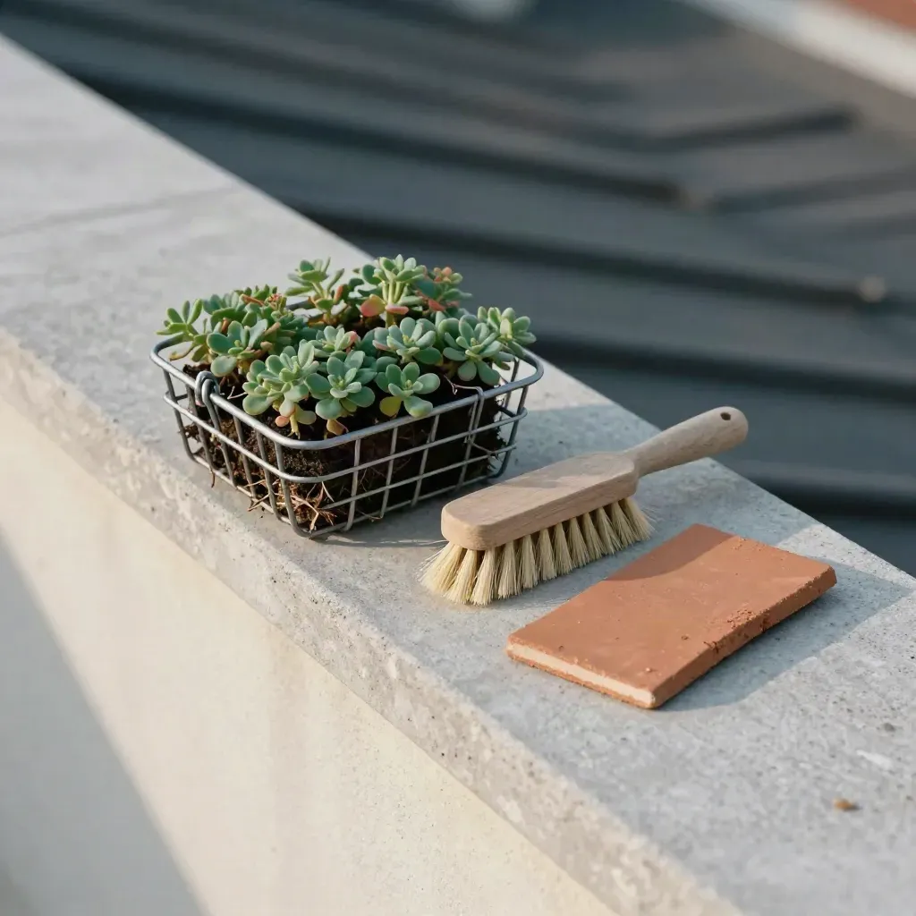 Panier de drain, taille de sédum, brosse et tuile usée sur une dalle de pierre.