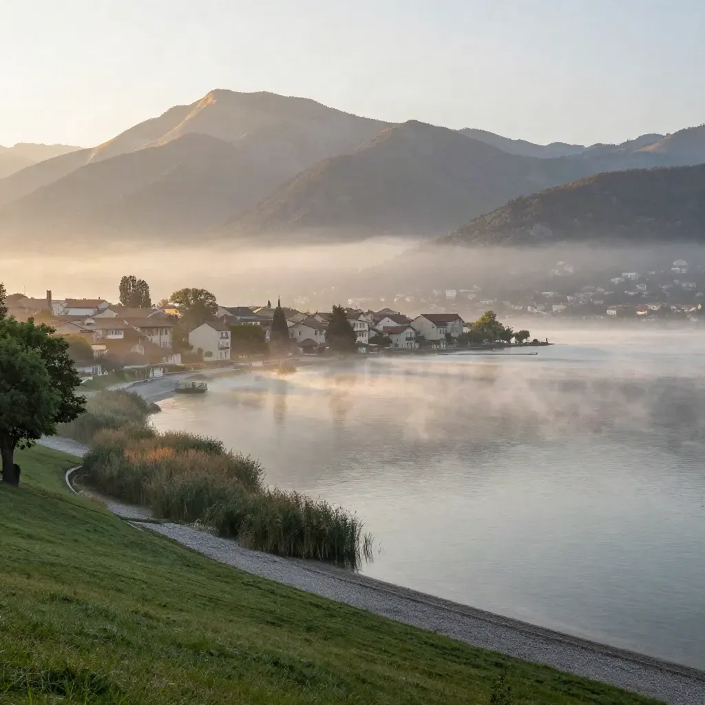 Annecy au lever du jour, lac brumeux, Alpes au loin et village perché dans la lumière douce.