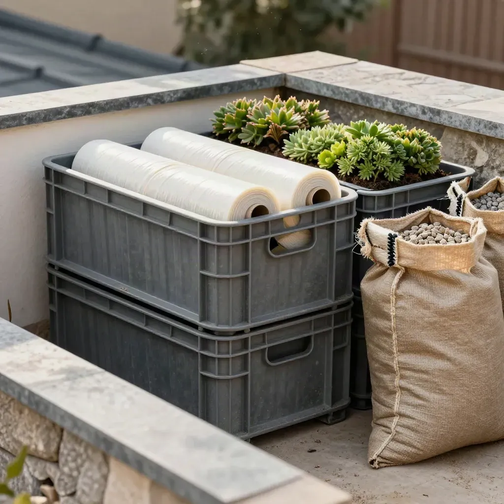 Casiers de drainage, rouleaux de membrane et palettes de sedum près d’un acrotère.