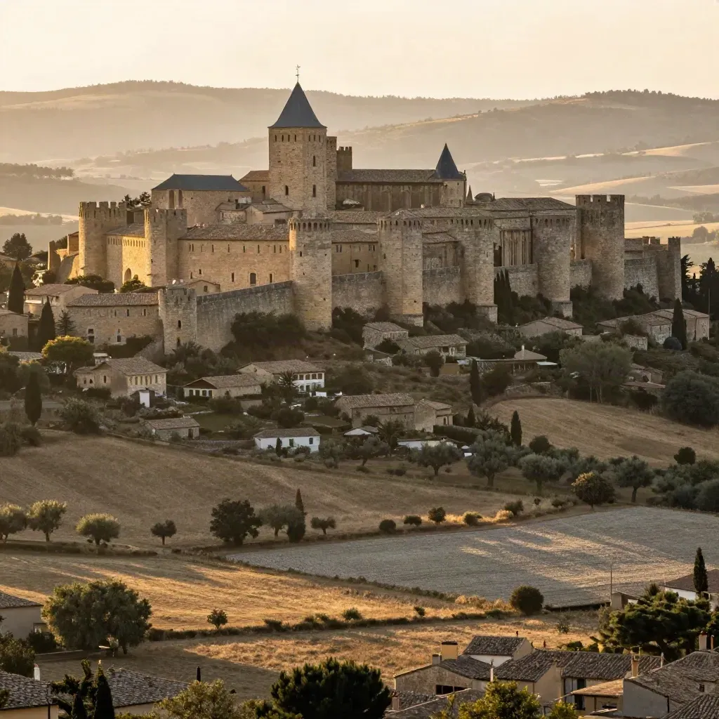 La cité de Carcassonne sur les collines d’Occitanie, baignée de lumière dorée.