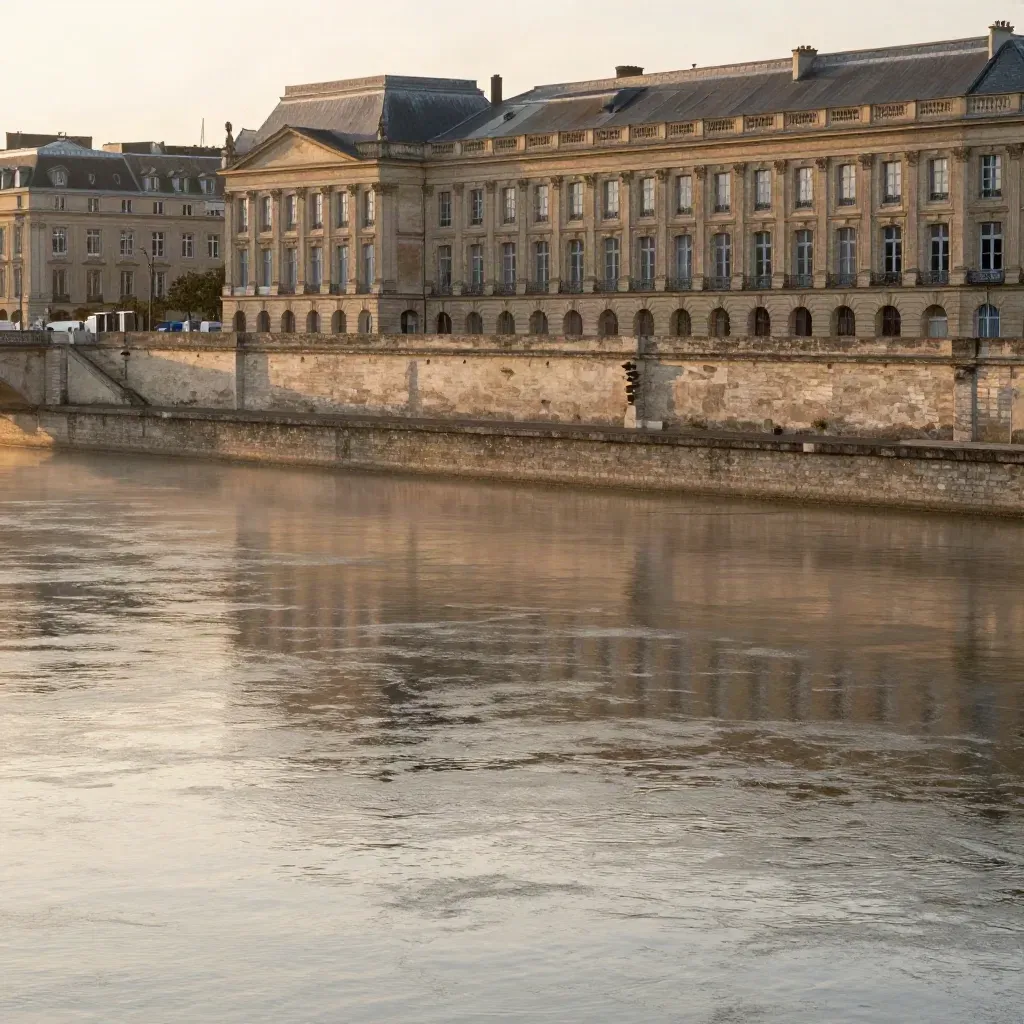 Quais en pierre de Bordeaux au crépuscule, Garonne calme et brume douce