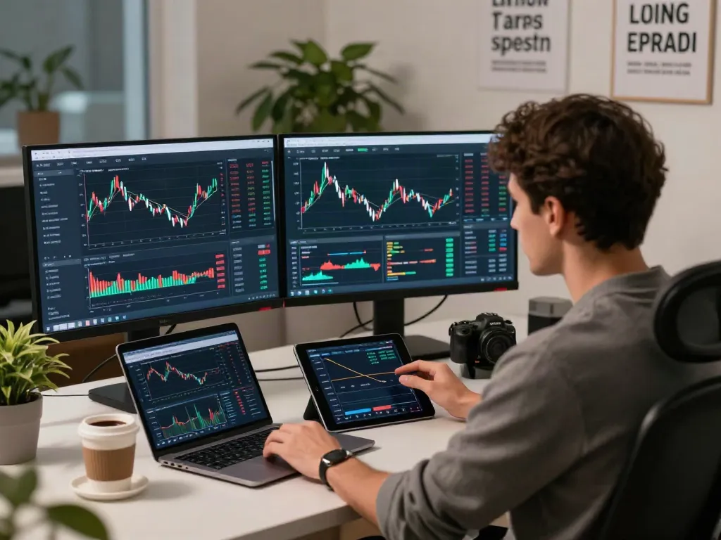Couponeau.com, trader en action dans un environnement de trading moderne, analysant des données de marché sur des écrans.