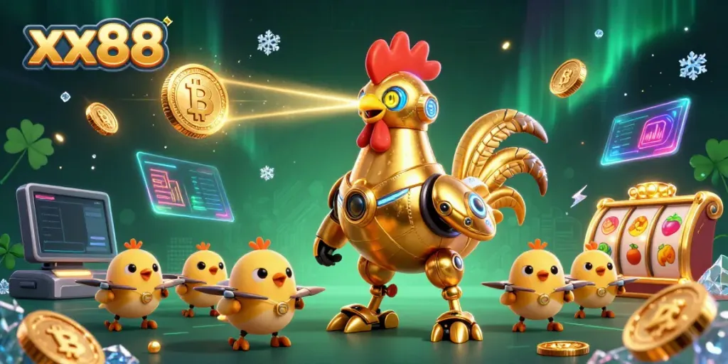 Engage with thrilling xx88 casino games alongside a futuristic golden rooster and drones.