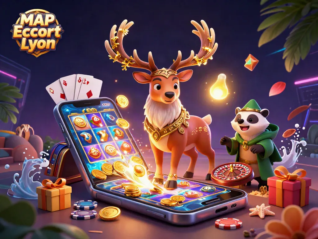 Engage with MAP Escort Lyon as vibrant slot reels and golden coins illuminate a dynamic 3D scene.