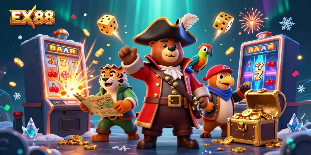 Engage with EX 88 at a vibrant casino scene featuring dynamic characters and exciting game elements.