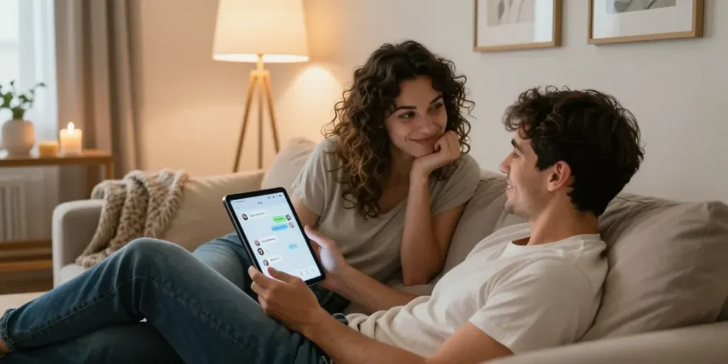 Couple sharing a playful moment during an nsfw ai chat in a cozy living room.