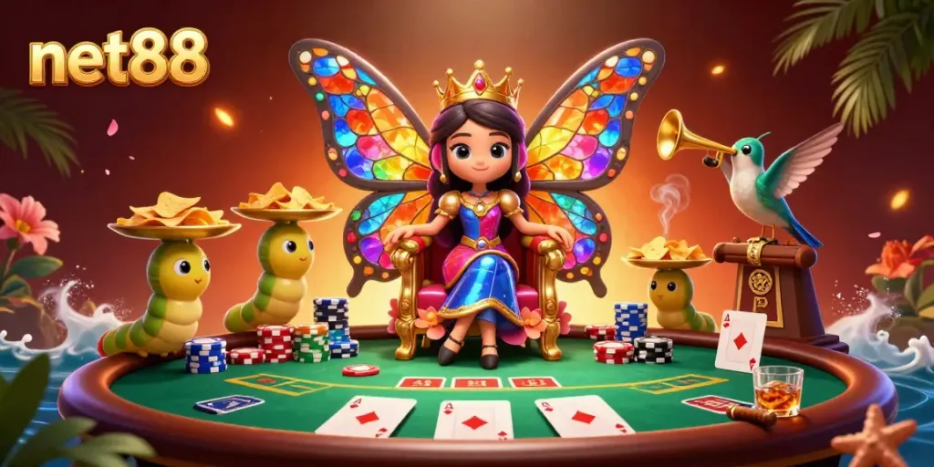 Engage with net88's vibrant gaming scene featuring a butterfly queen and poker elements.