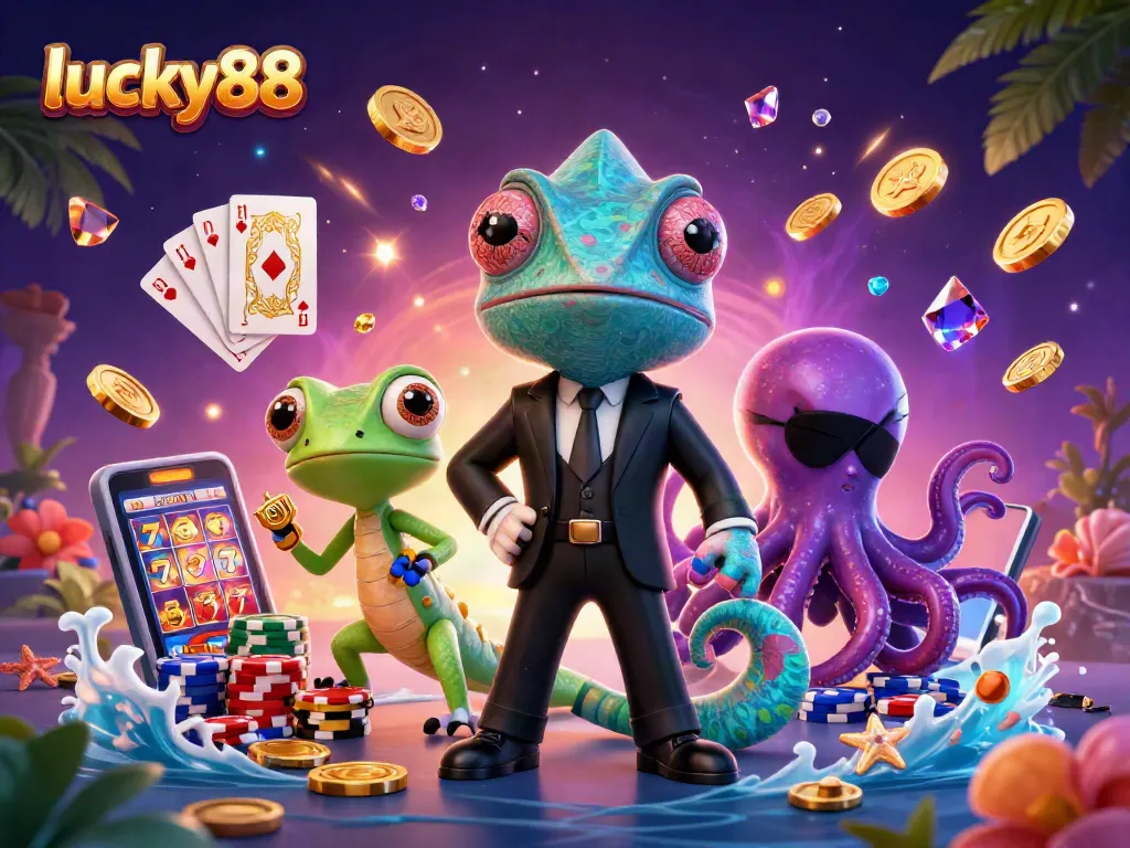 Spin and win with exciting offers at lucky88, featuring vibrant casino action and colorful characters.