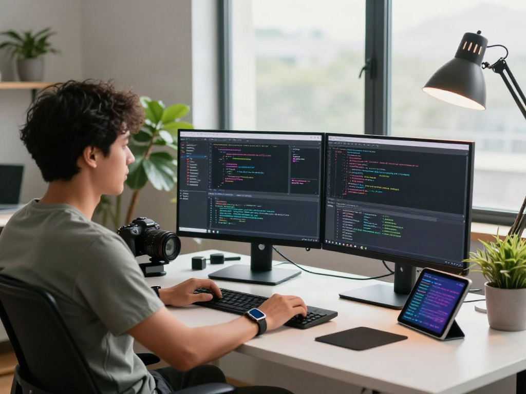 Développeur utilisant Atlas pro ontv sur plusieurs écrans dans un bureau moderne.