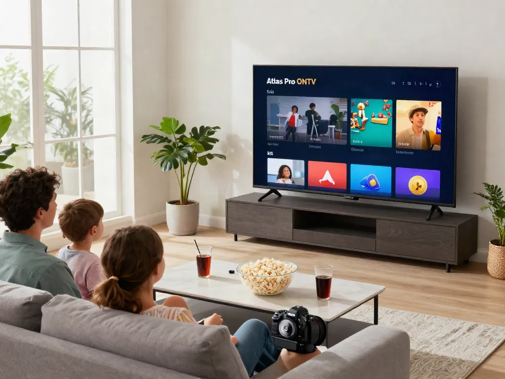 Profitez de l'application Atlas Pro ONTV dans un salon moderne avec une famille appréciant un film.