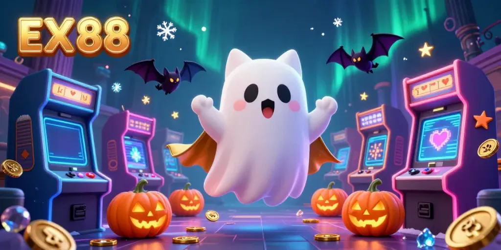 Experience the excitement of EX 88 with a playful ghost cat and casino elements in this dynamic scene.