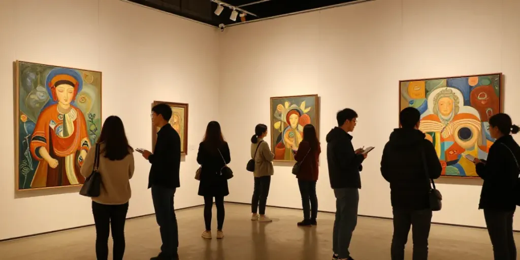 Exposition d'art avec des peintures monumentales, une communauté qui se rassemble pour explorer des œuvres d'art locales.