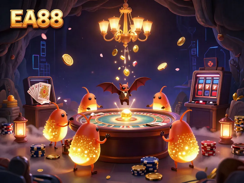 EA88 casino experience with glowworms illuminating the action and a bat dealer, rich in vibrant gaming details.